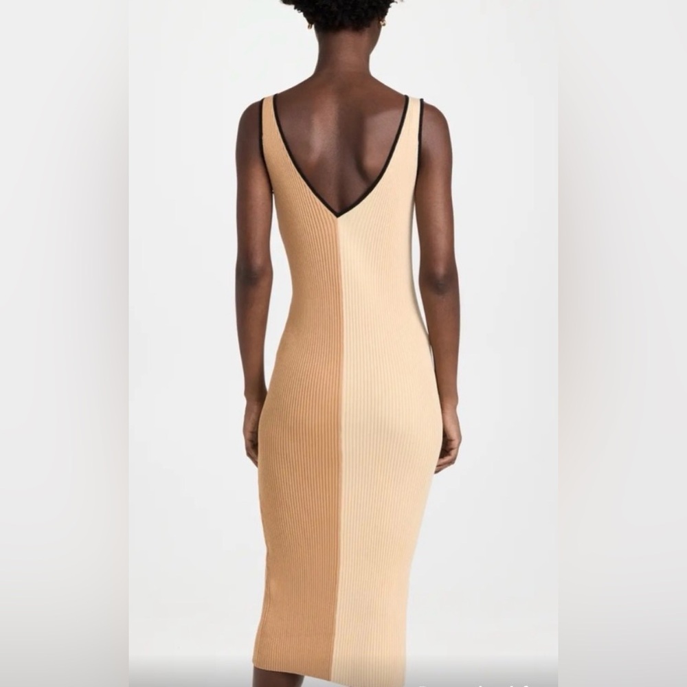 STAUD V Neck Ribbed Midi Dress Cream and Tan - Picture 4 of 9